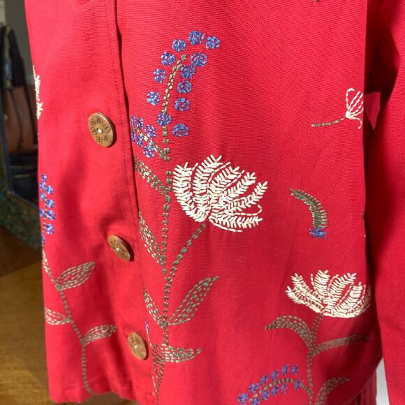 Coldwater Creek Size PM Petite Embroidered Floral Details Jacket Red Pockets - Picture 5 of 13